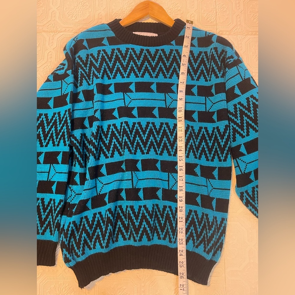 Vintage Geometric Retro Blue and Black Mens Crewneck Pullover Sweater Sz Large - Picture 8 of 10